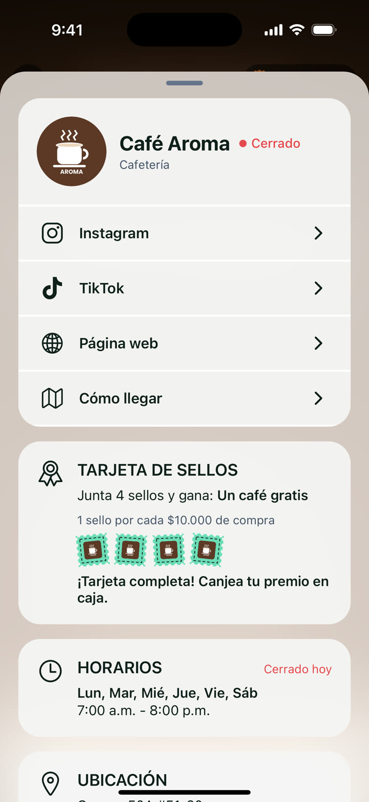 Ficha del negocio con horarios y tarjeta de sellos