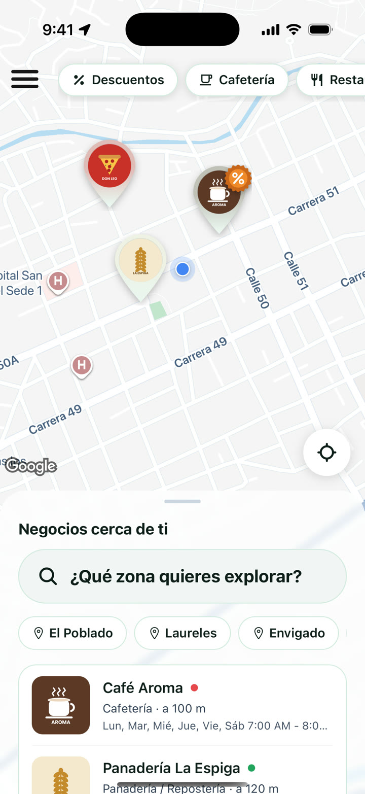 Mapa de Vibes con pines de negocios