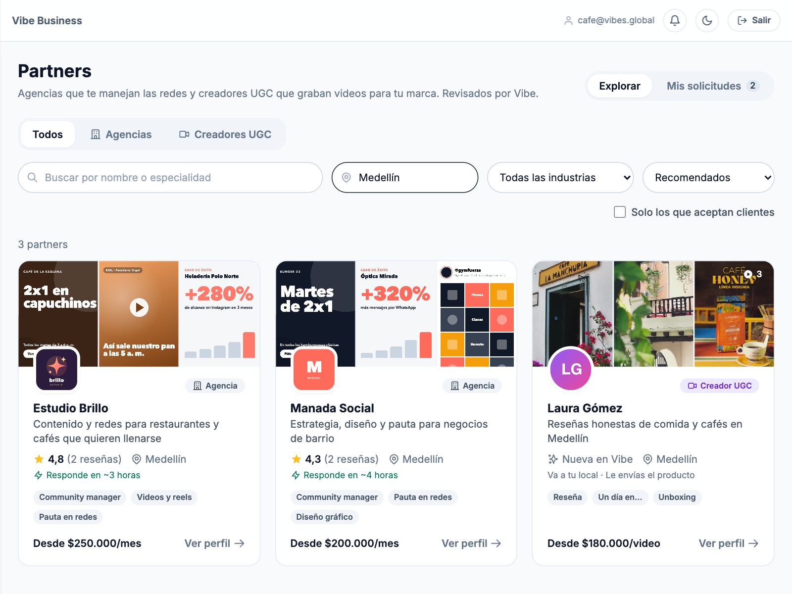 Directorio de Vibe Partners: agencias y creadores UGC que ven los negocios